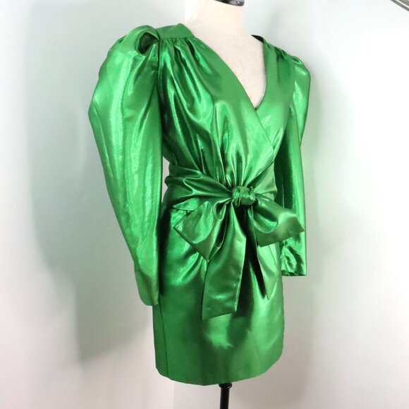 Happy x Nature Women's 2 Kate Hudson Metallic Green Wrap Dress 80's Inspired - Picture 2 of 16